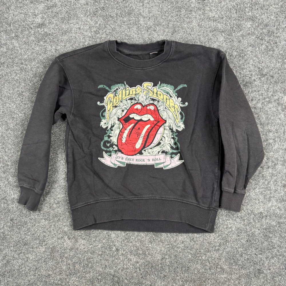 Rolling Stones Sweatshirt Youth Size L Black Graphic Rock N Roll Band Crewneck
